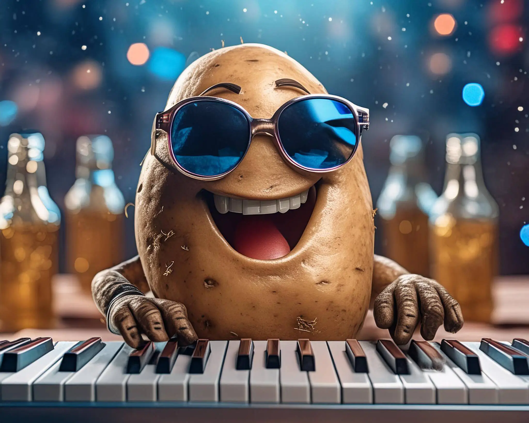 Partner Firefly Eine Kartoffel mit lachendem Gesicht spielt mit Sonnenbrille Keyboard. Party-Setting. Viel b